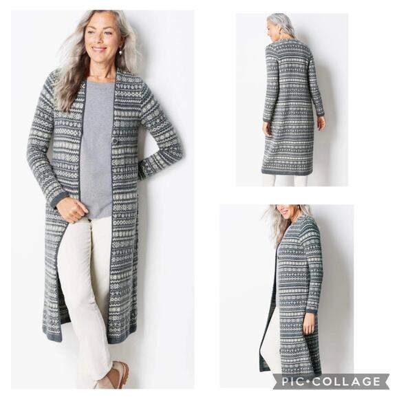 J.Jill Gray Cream Fair Isle Boucle Long Line Cardigan XS Cotton Blend Winter - Picture 1 of 13